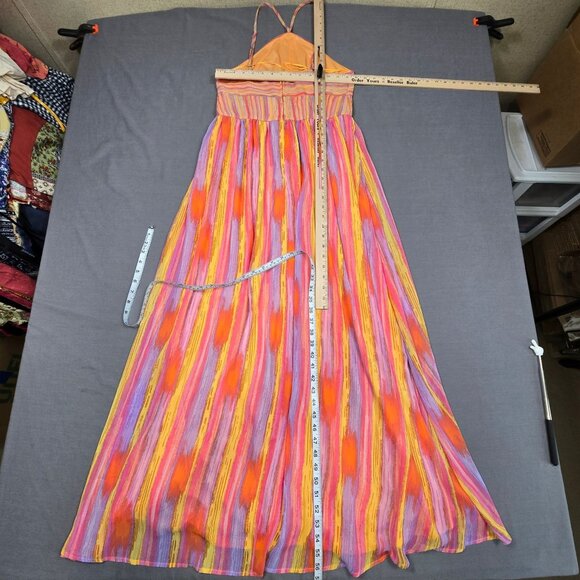 Audrey Parks Medium Multicolor Orange Pink Yellow Maxi Dress Halter Boho Beachy - Picture 4 of 4